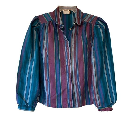 Vintage Puff Sleeve Striped Button Down Blouse Ulla Johnson Style Sz Medium - Picture 1 of 8